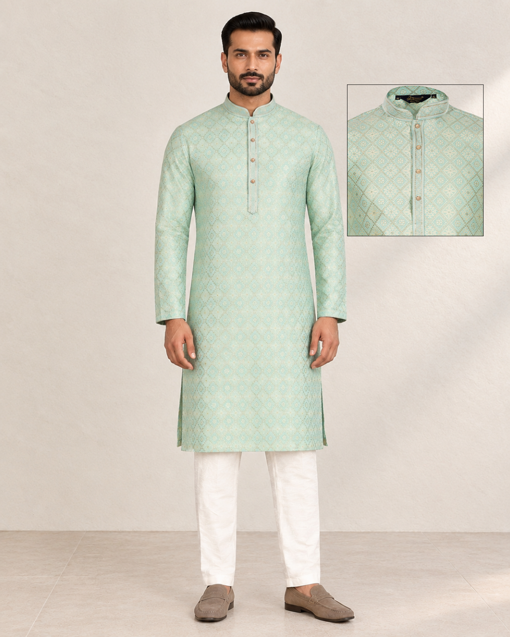 Shahanai Men's Pure Banarasi Self-Textured Kurta