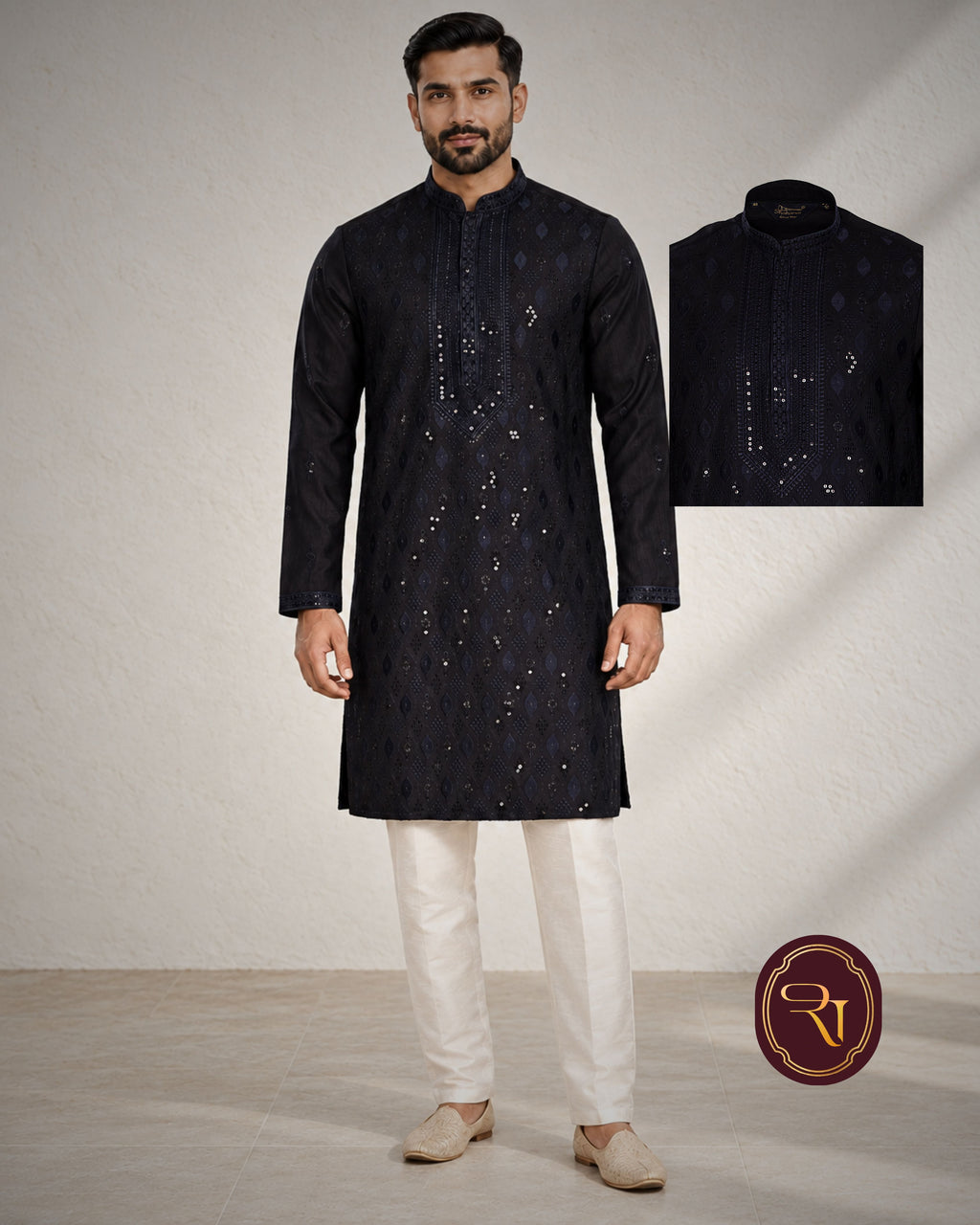 Shahanai Men's Silk Kurta with Allover Heavy Work