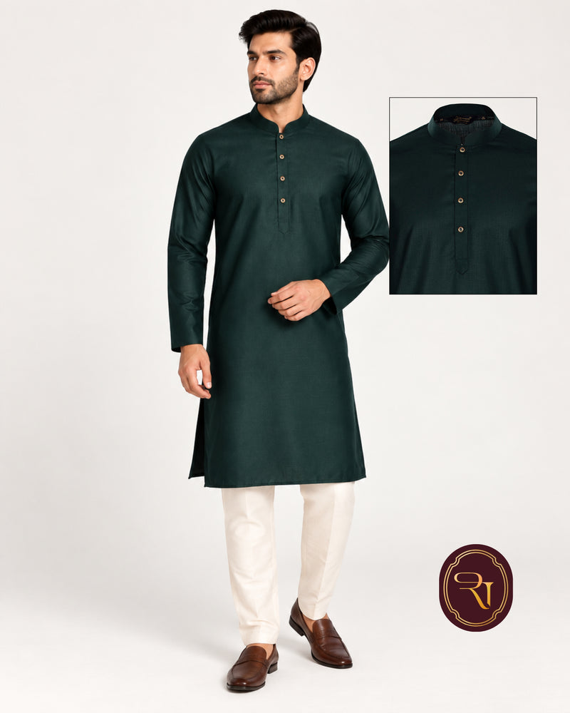 Men's dark green cotton kurta with mandarin collar and button placket
