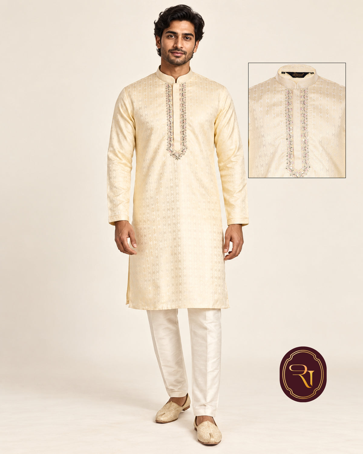 Shahanai Men's Silk Kurta with Machine and Hand Work