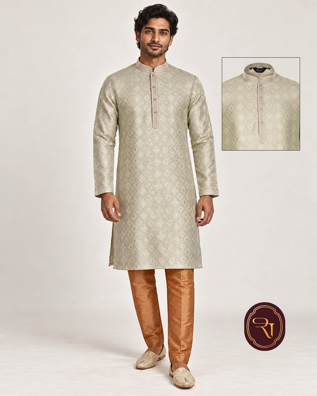 Shahanai Men's Pure Banarasi Self-Textured Kurta