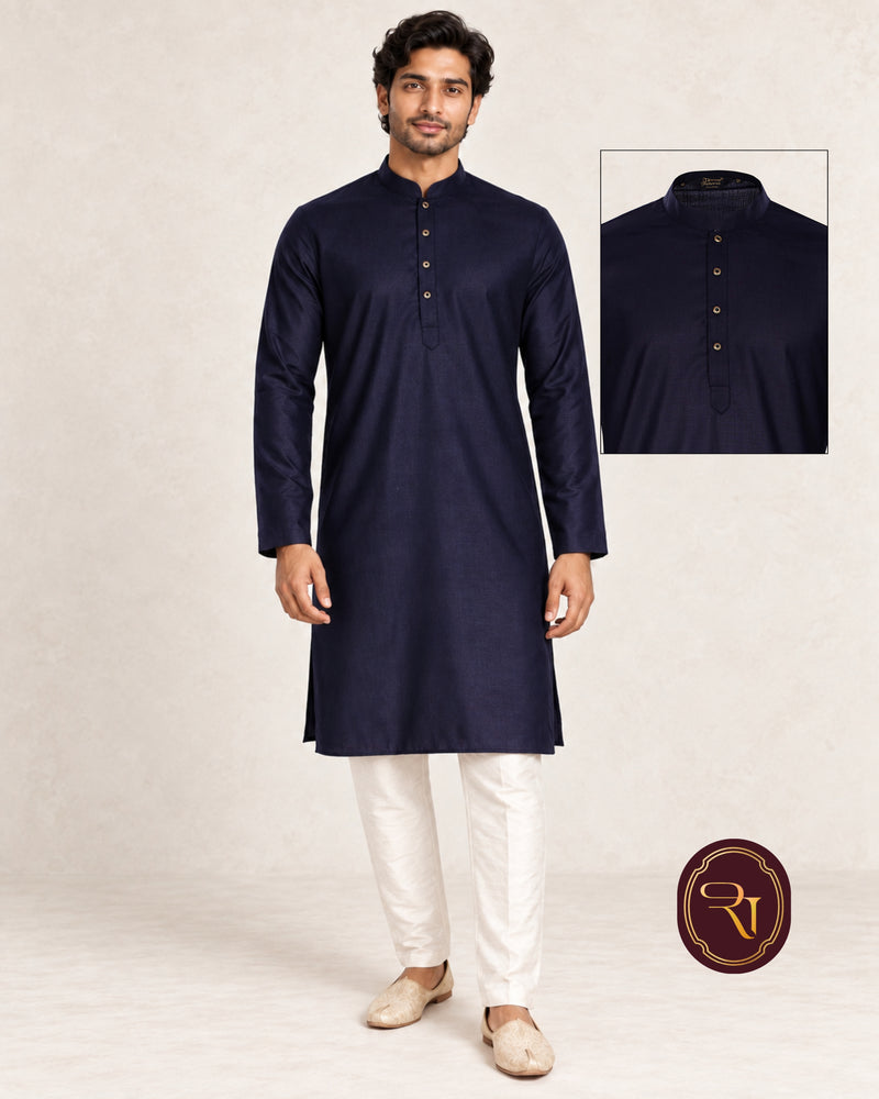 Men's navy blue cotton kurta with mandarin collar and button placket
