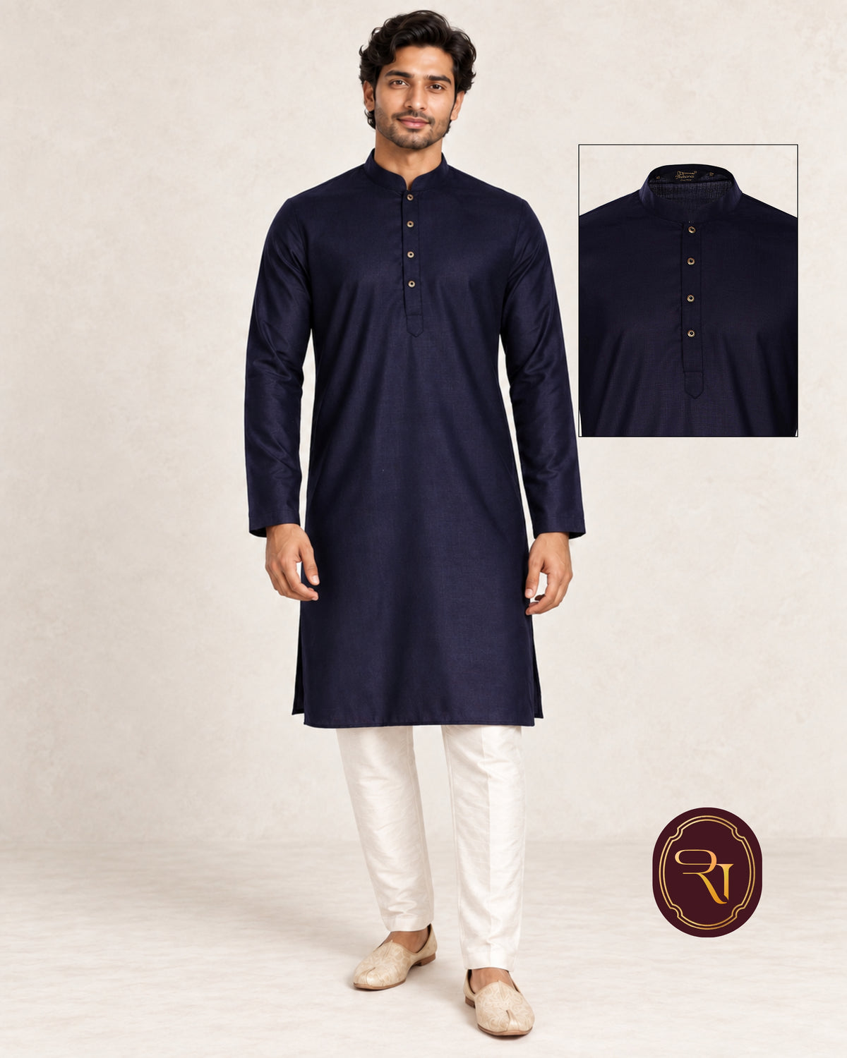 Shahanai Men's Pure Cotton Navy Blue Kurta