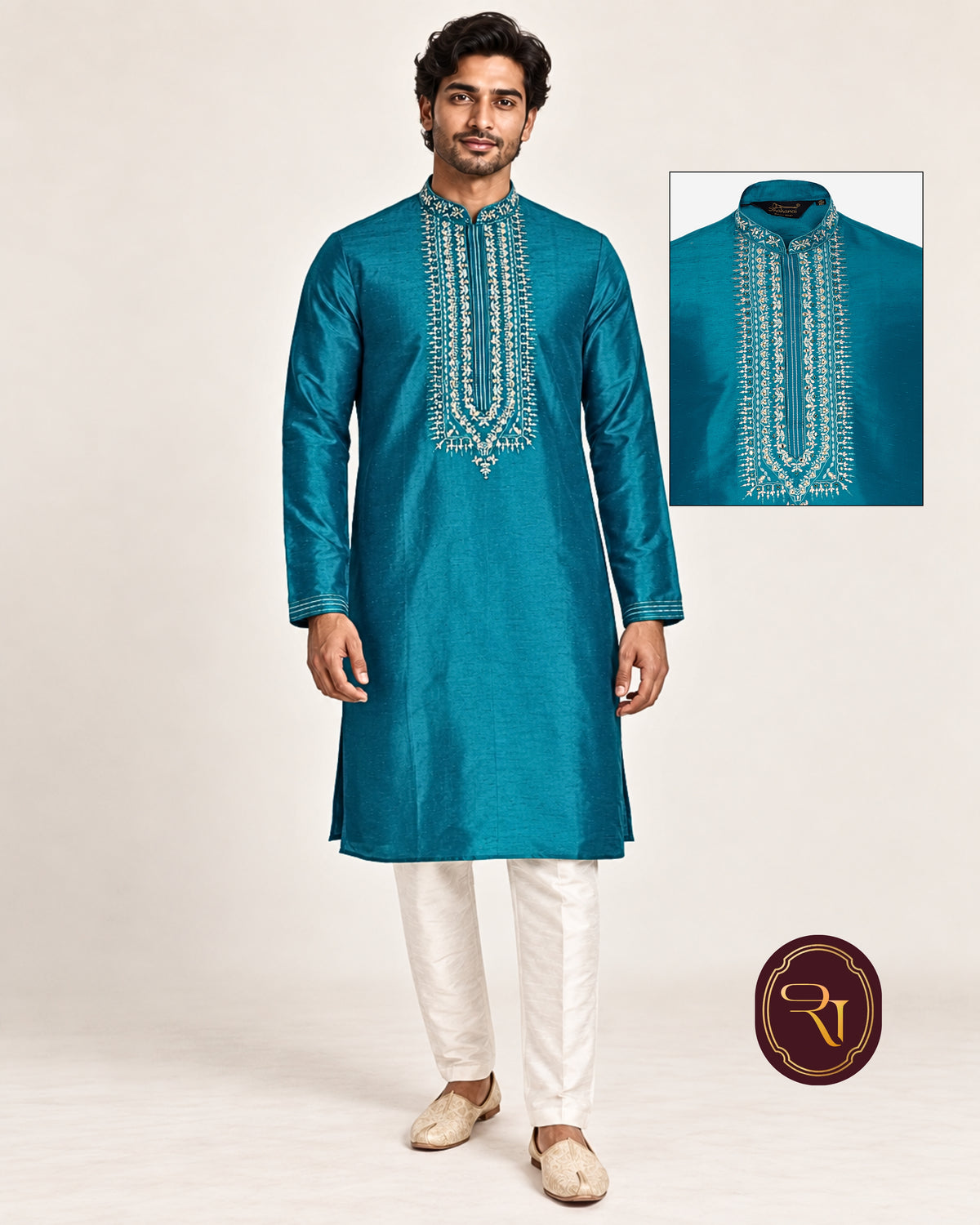 Shahanai Men's Silk Kurta with Machine and Hand Work