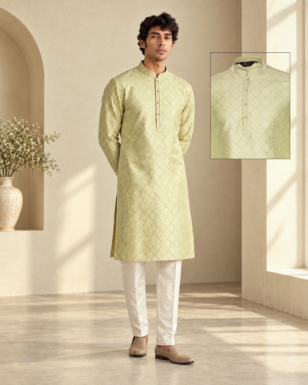Shahanai Men's Pure Banarasi Self-Textured Kurta
