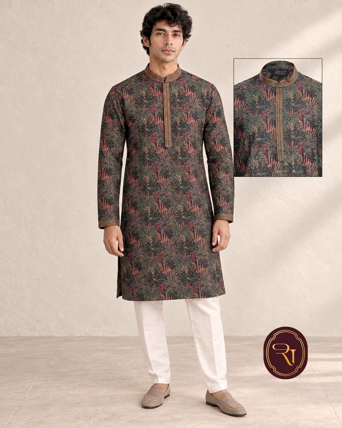 Shahanai Men's Chikankari Digital Print Kurta