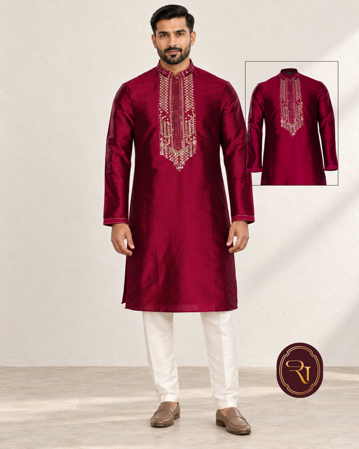 Shahanai Men's Silk Kurta with Machine and Hand Work