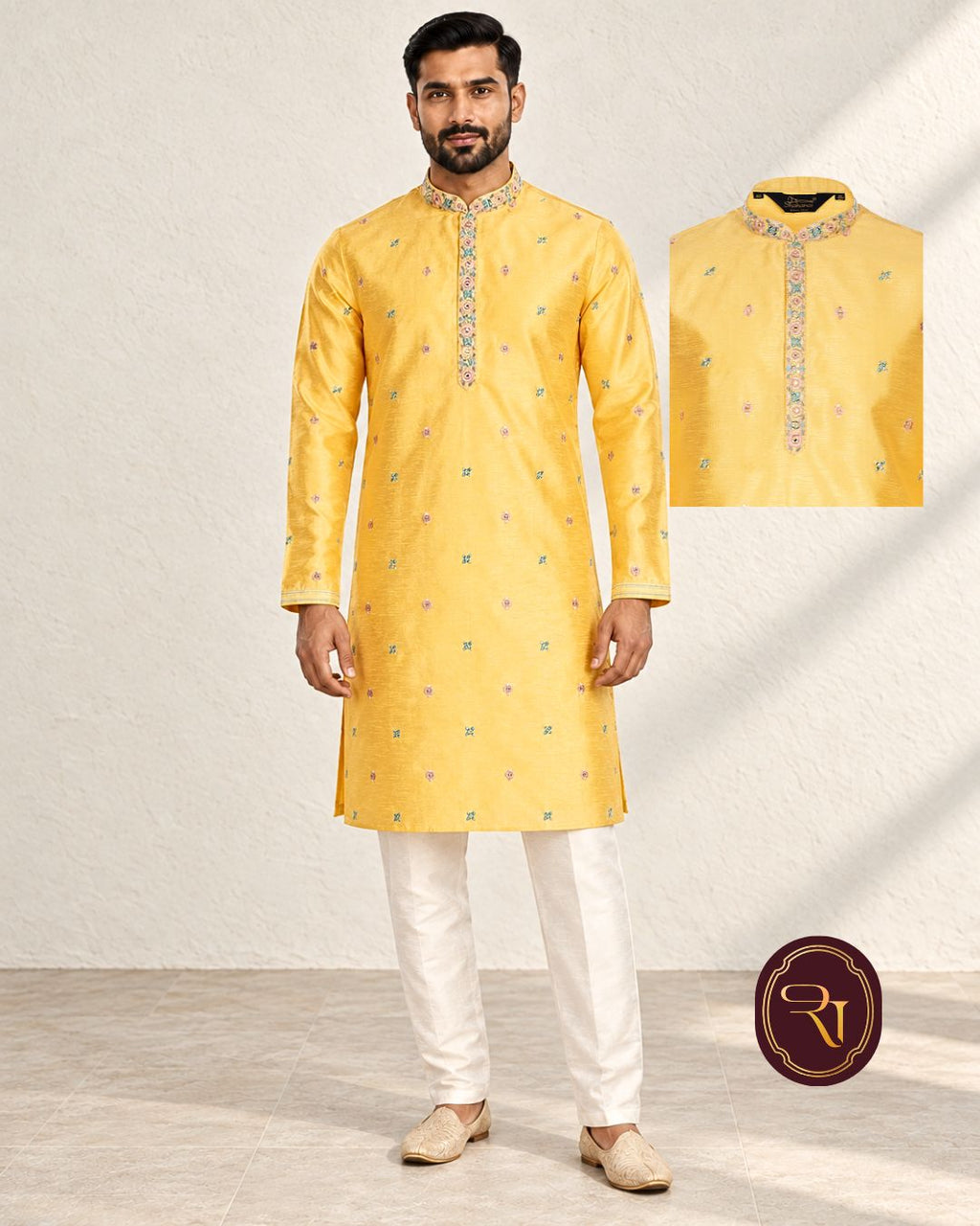 Shahanai Men's Silk Kurta with Machine and Hand Work