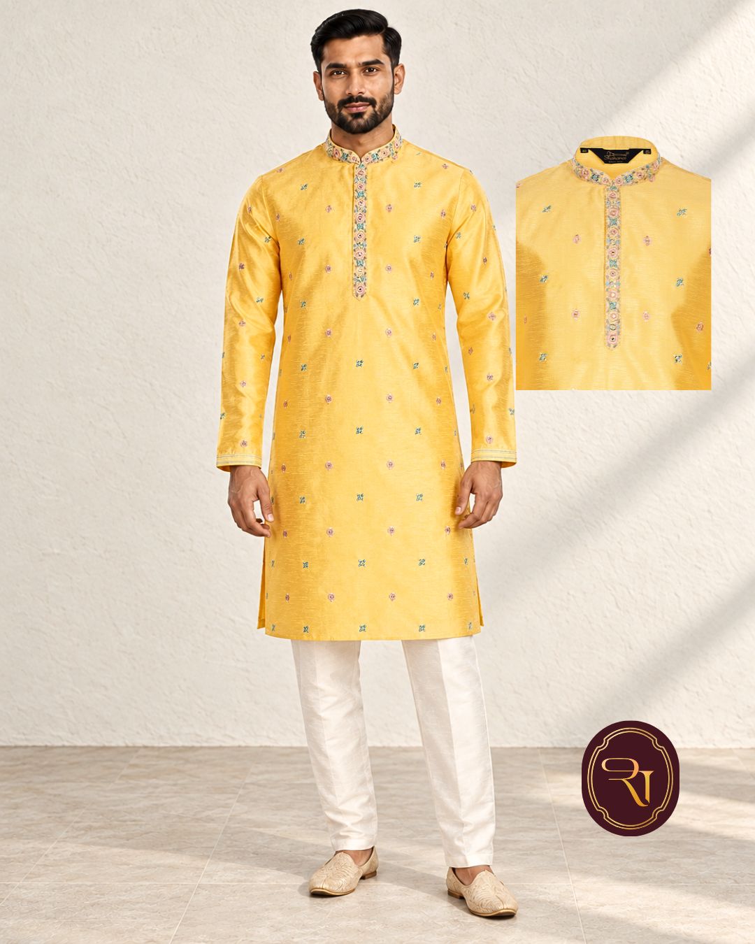 Shahanai Men's Silk Kurta with Machine and Hand Work