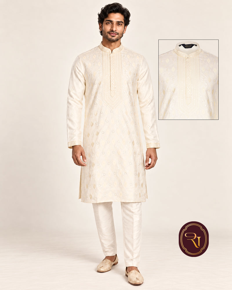 Shahanai Men's Silk Kurta with Allover Heavy Work