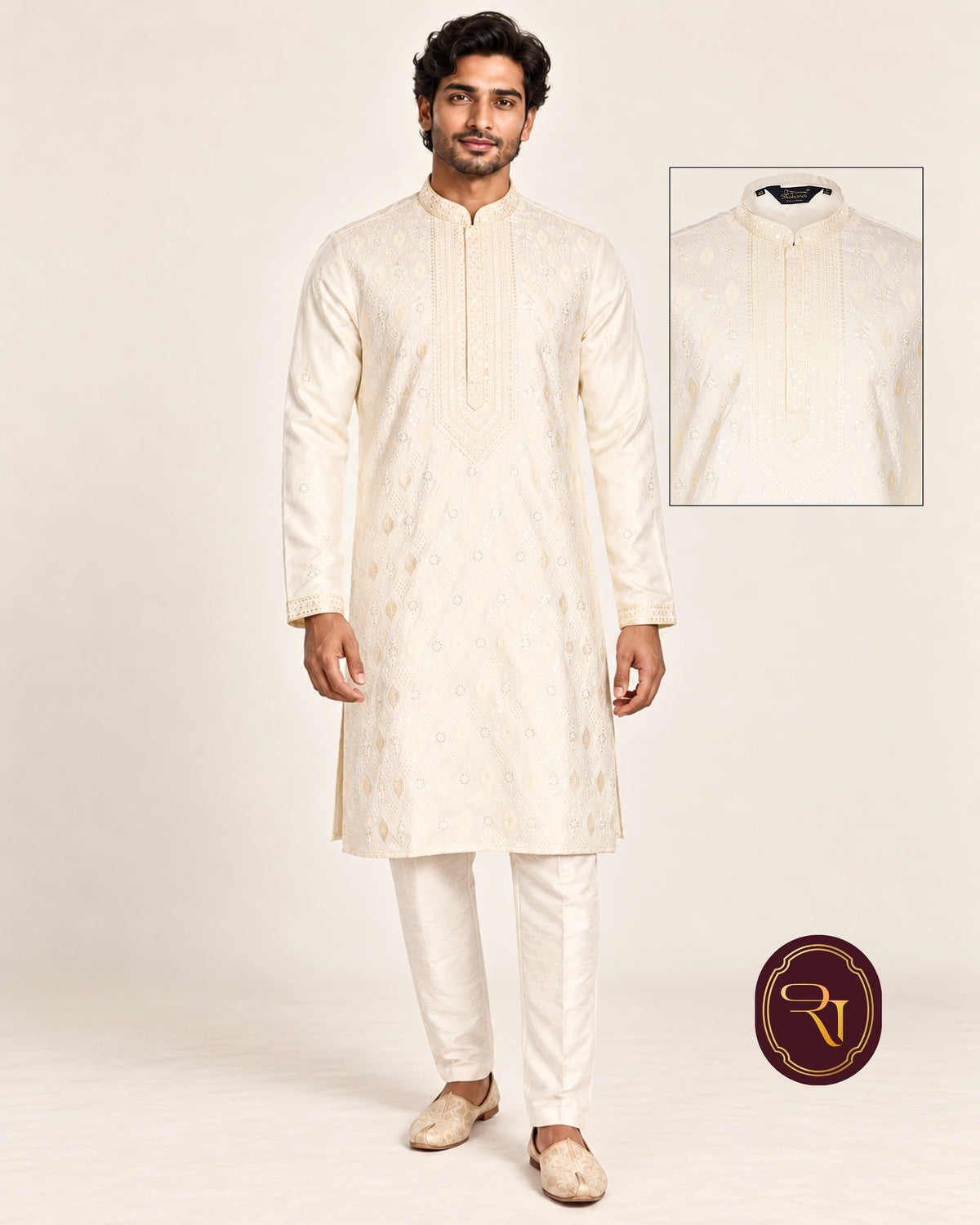 Shahanai Men's Silk Kurta with Allover Heavy Work