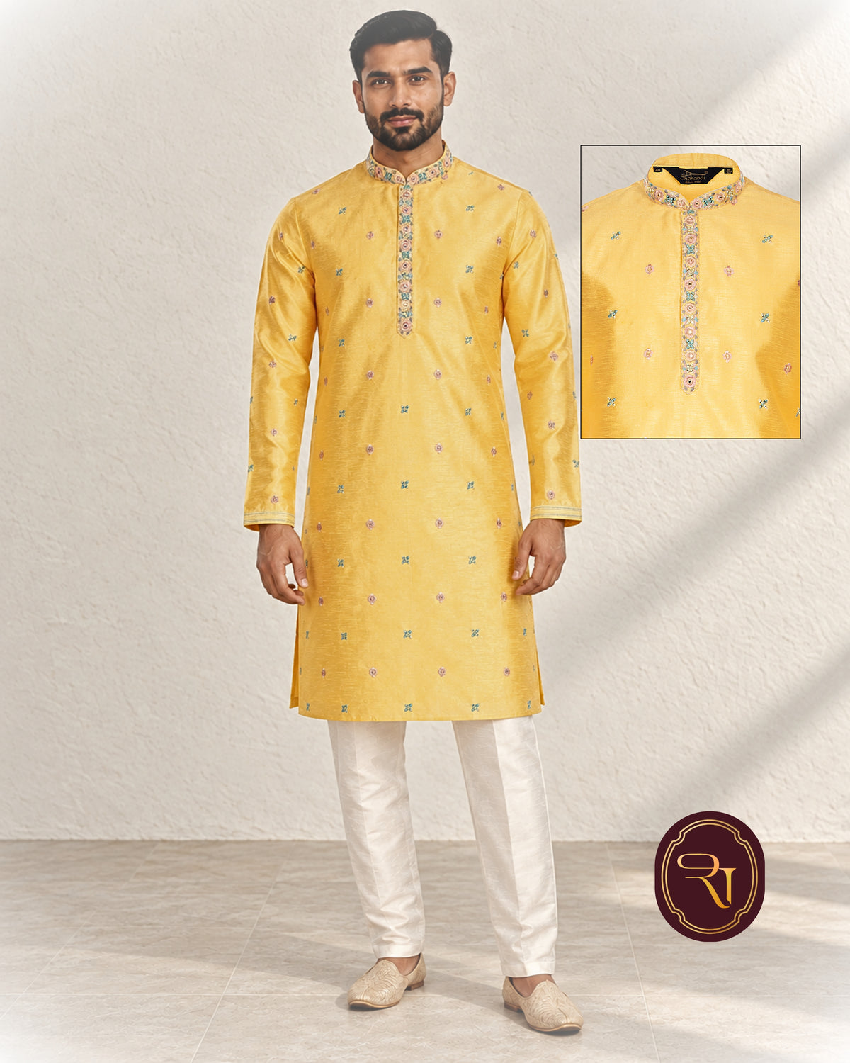 Shahanai Men's Silk Kurta with Machine and Hand Work