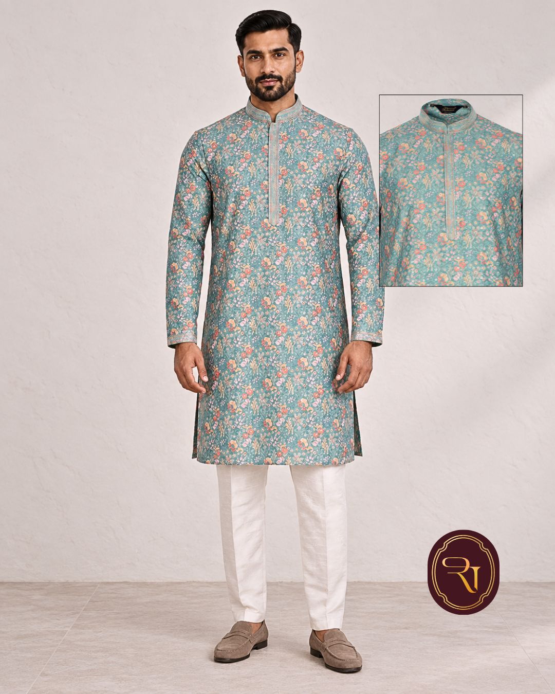 Shahanai Men's Chikankari Digital Print Kurta