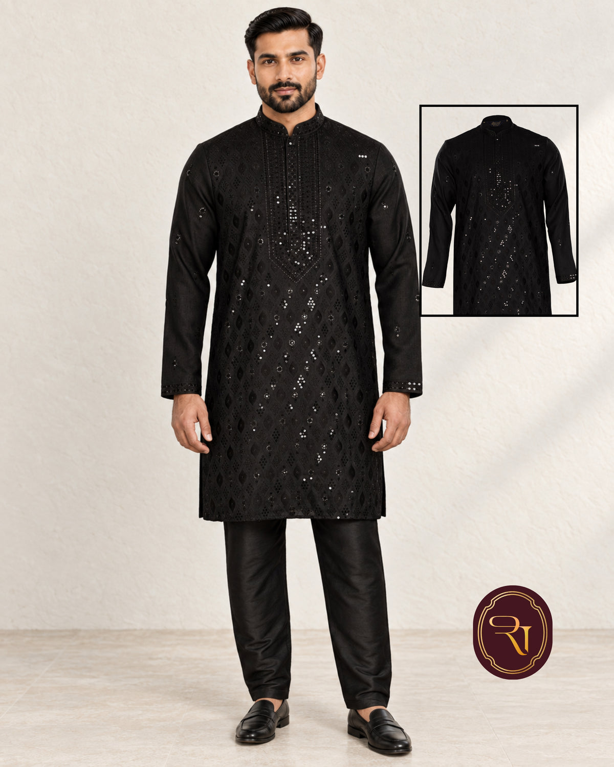 Shahanai Men's Silk Kurta with Allover Heavy Work