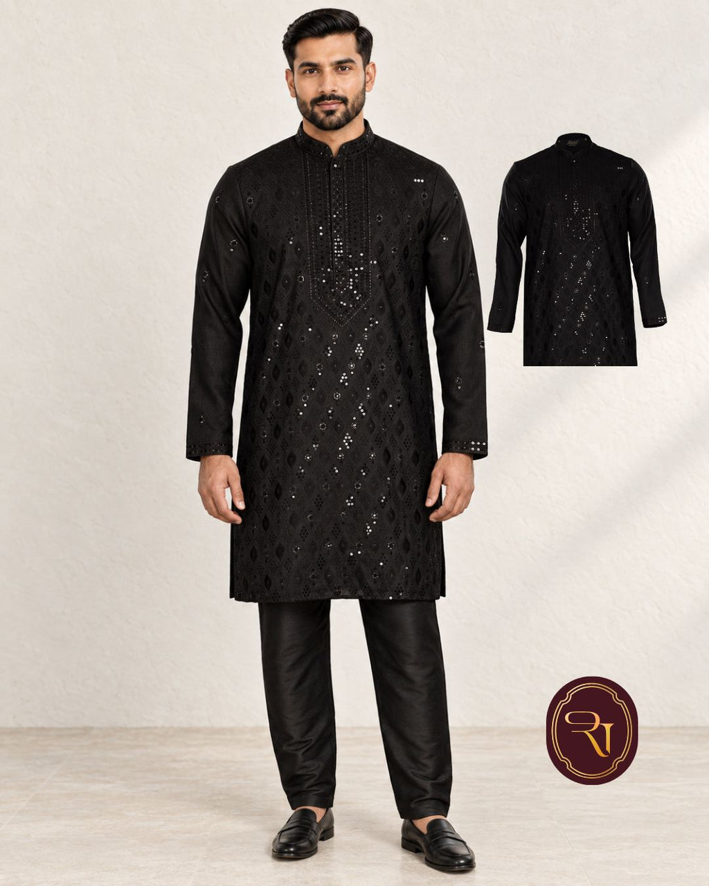 Shahanai Men's Silk Kurta with Allover Heavy Work