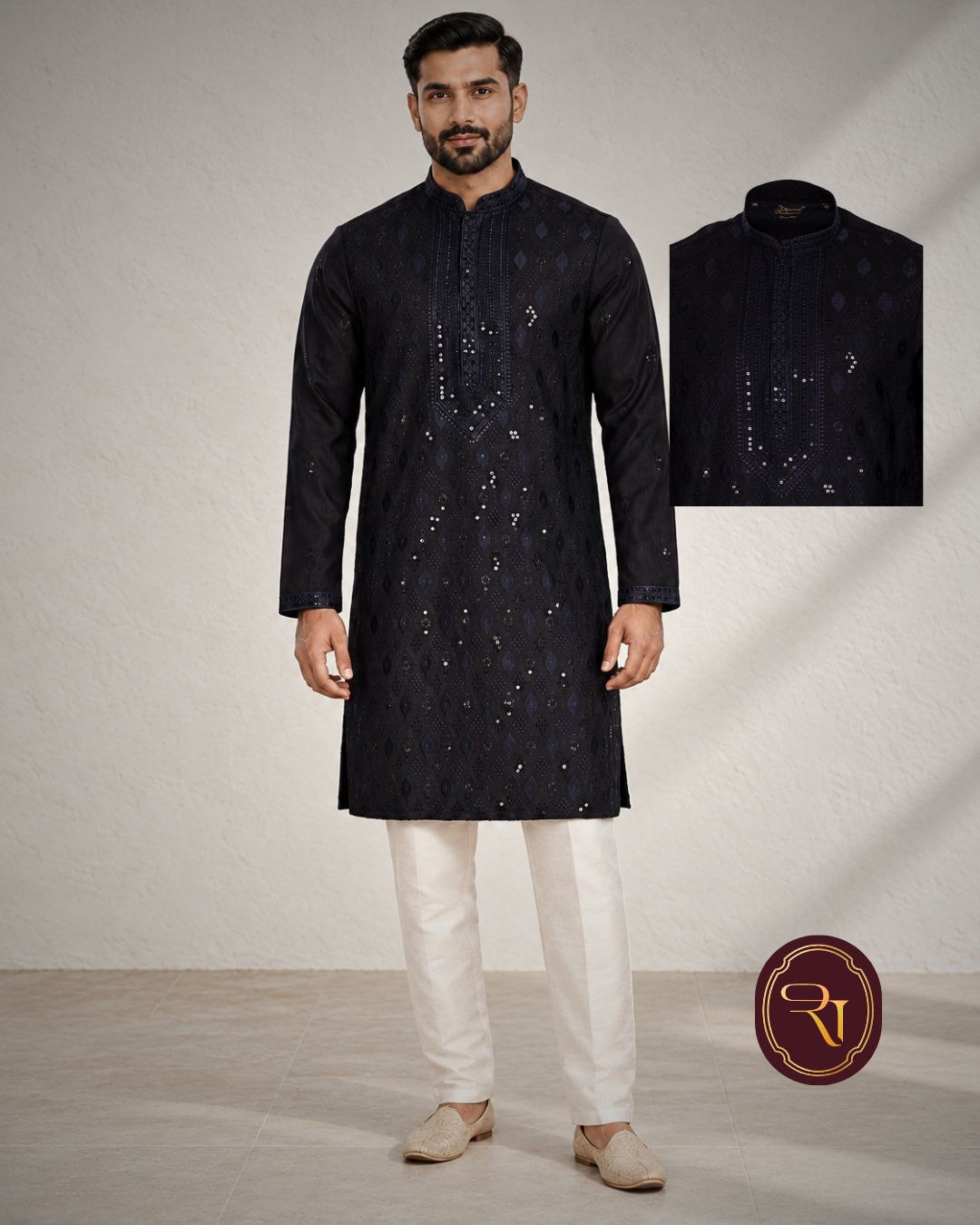 Shahanai Men's Silk Kurta with Allover Heavy Work