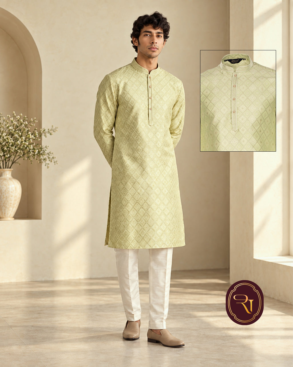Shahanai Men's Pure Banarasi Self-Textured Kurta