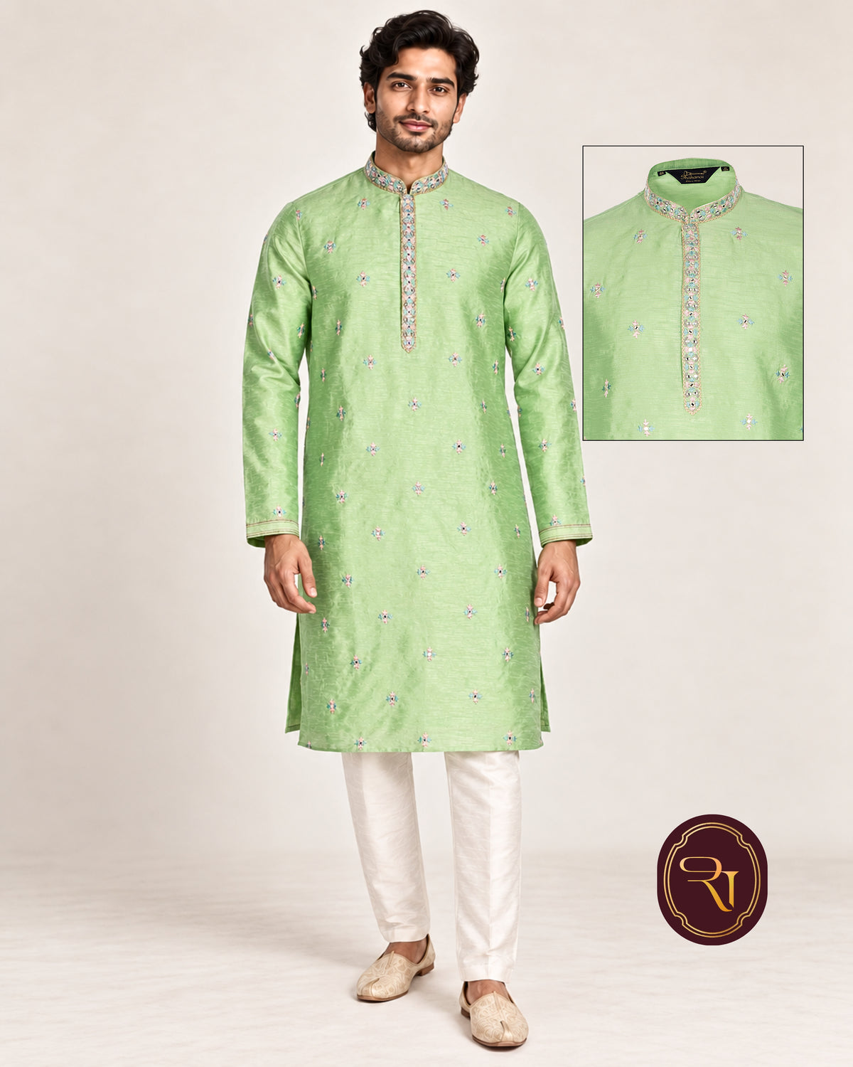Shahanai Men's Silk Kurta with Machine and Hand Work