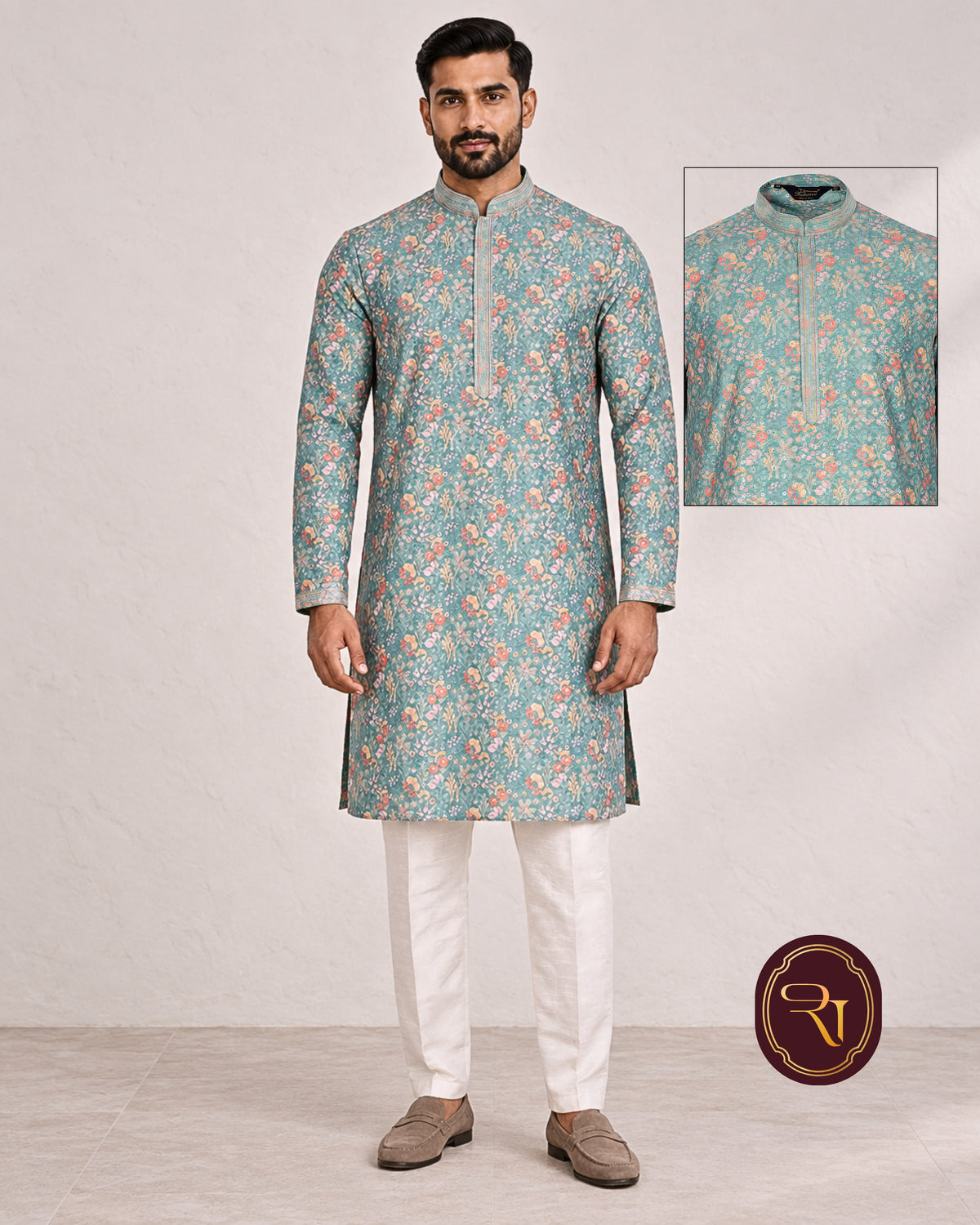 Shahanai Men's Chikankari Digital Print Kurta