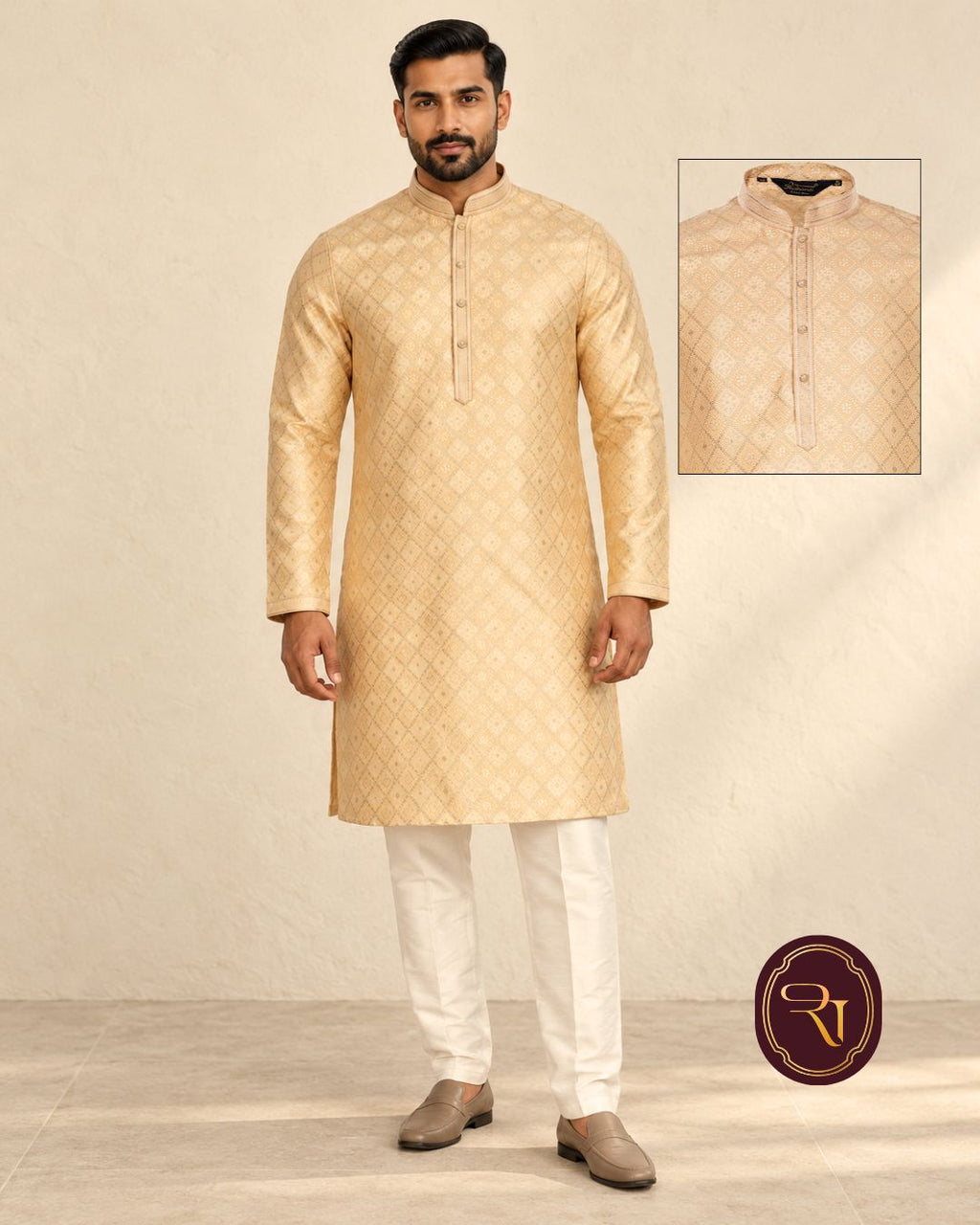 Shahanai Men's Pure Banarasi Self-Textured Kurta