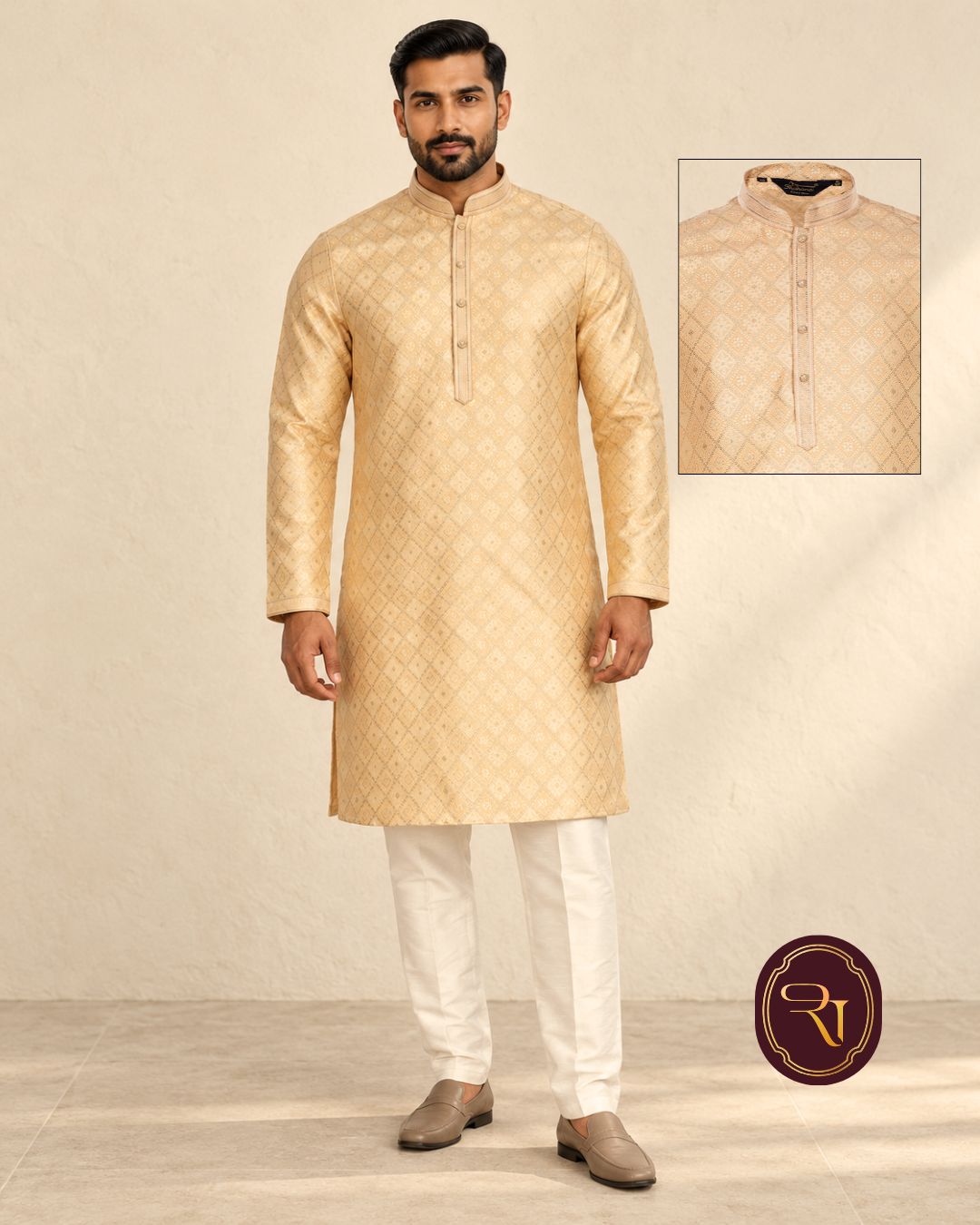 Shahanai Men's Pure Banarasi Self-Textured Kurta