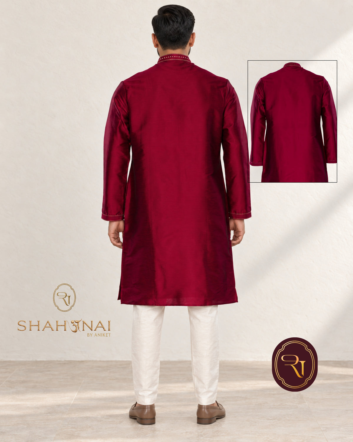 Shahanai Men's Silk Kurta with Machine and Hand Work