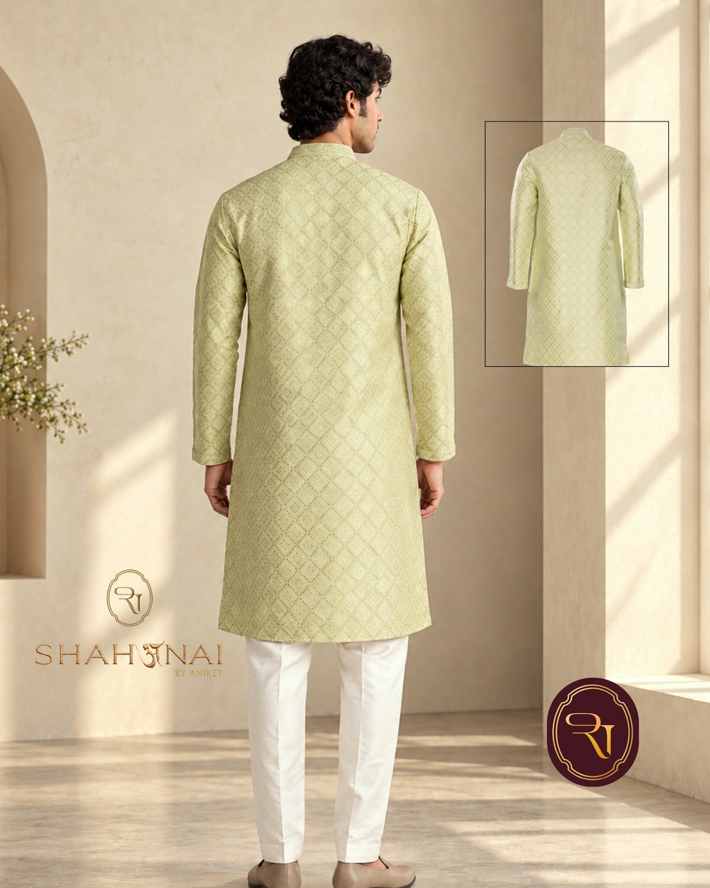 Shahanai Men's Pure Banarasi Self-Textured Kurta