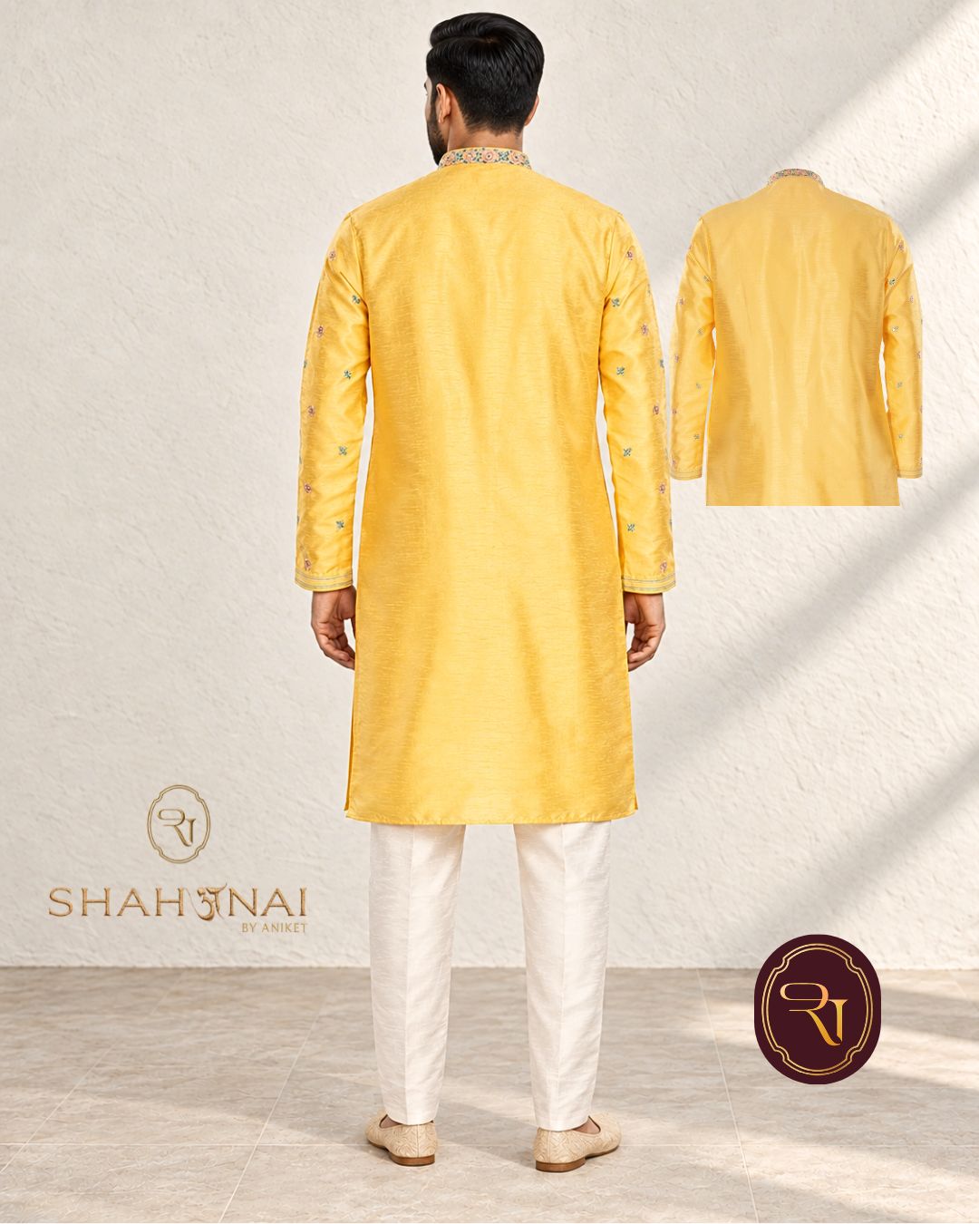 Shahanai Men's Silk Kurta with Machine and Hand Work