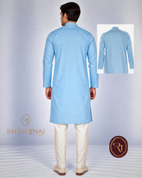 Men's light blue cotton kurta back view with long sleeves and side slit