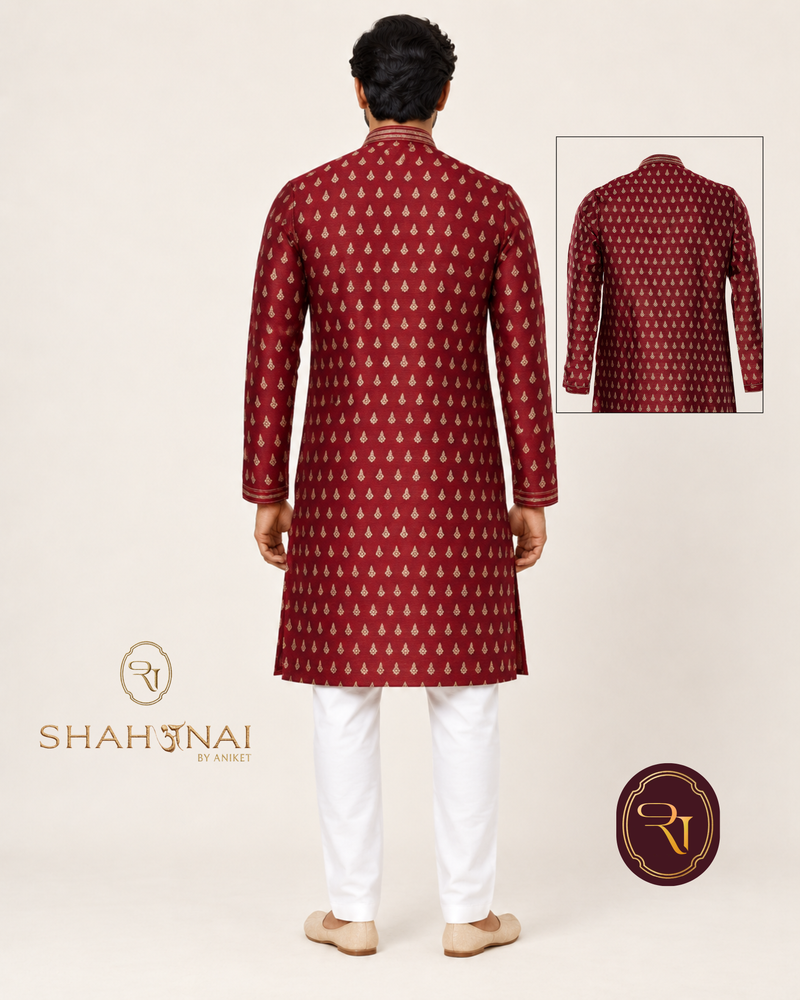Shahanai Men's Pure Banarasi Self-Textured Kurta