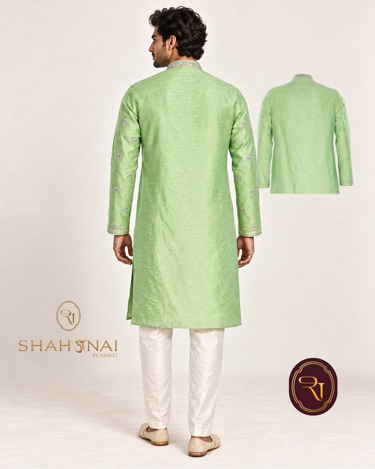 Shahanai Men's Silk Kurta with Machine and Hand Work