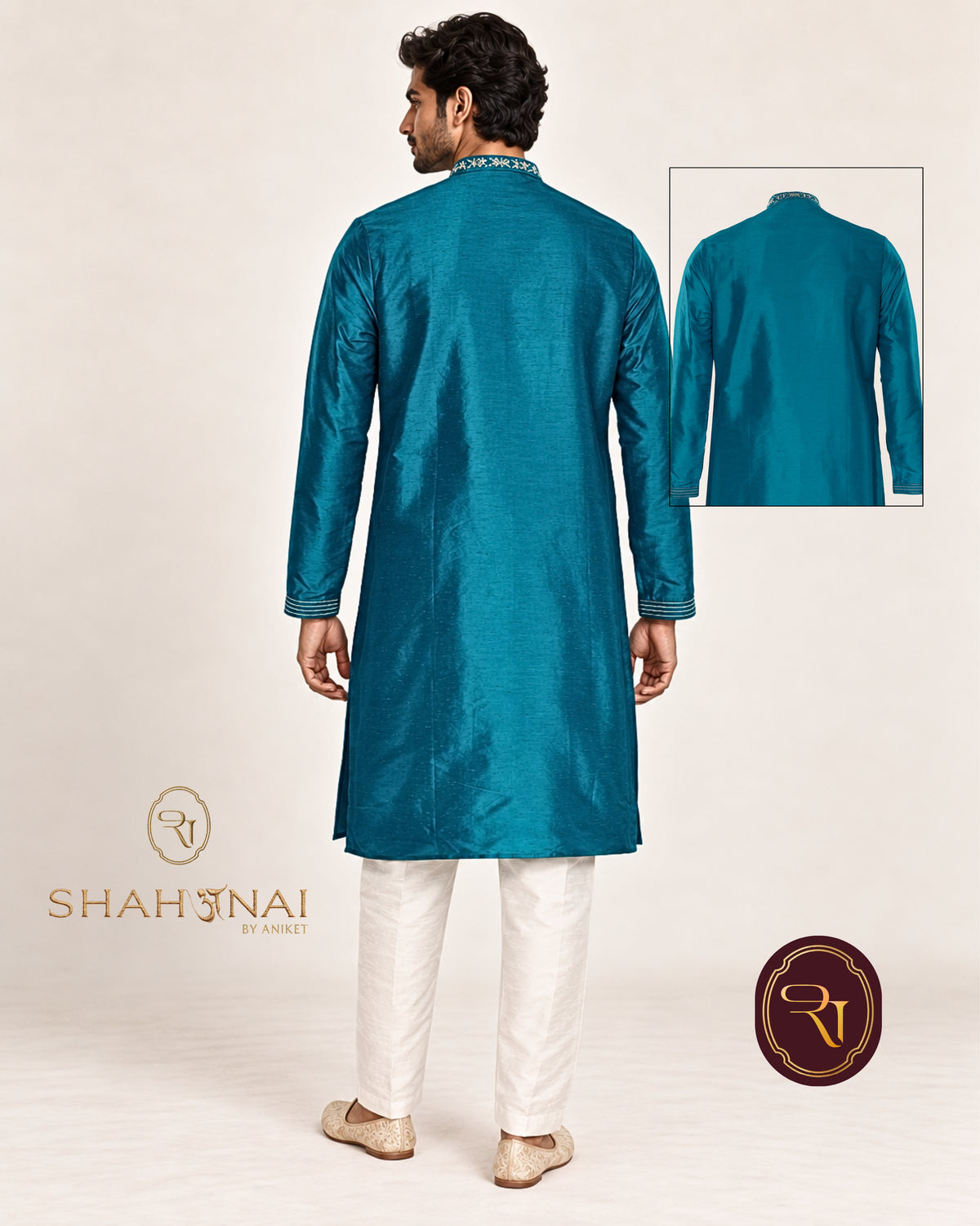 Shahanai Men's Silk Kurta with Machine and Hand Work