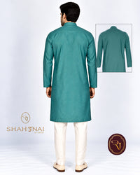 Men's teal cotton kurta back view with long sleeves and side slit
