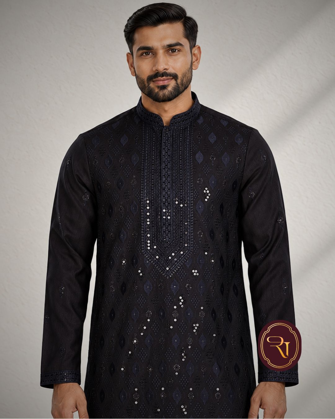 Shahanai Men's Silk Kurta with Allover Heavy Work