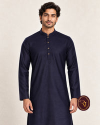 Men's navy blue cotton kurta front view with long sleeves