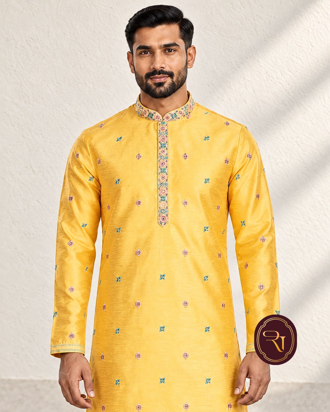 Shahanai Men's Silk Kurta with Machine and Hand Work