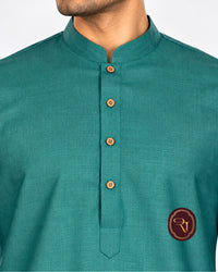 Close-up of men's teal cotton kurta neckline and button placket