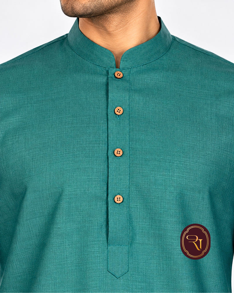 Close-up of men's teal cotton kurta neckline and button placket