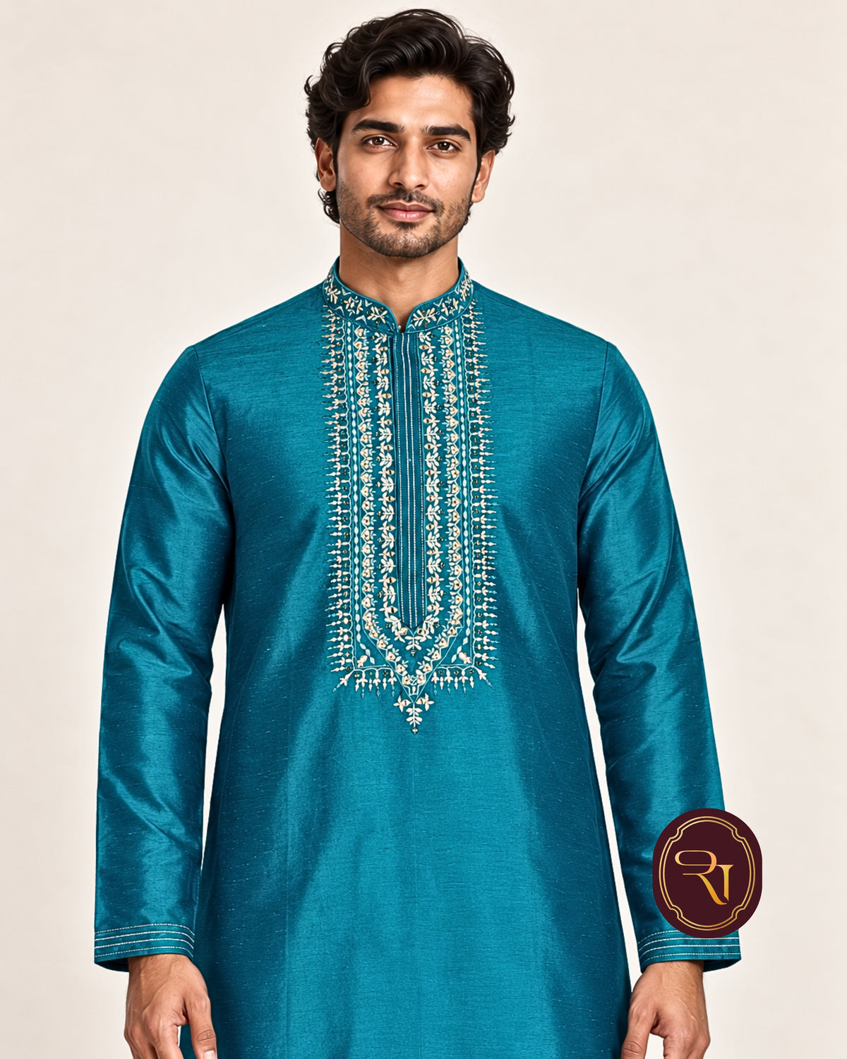 Shahanai Men's Silk Kurta with Machine and Hand Work