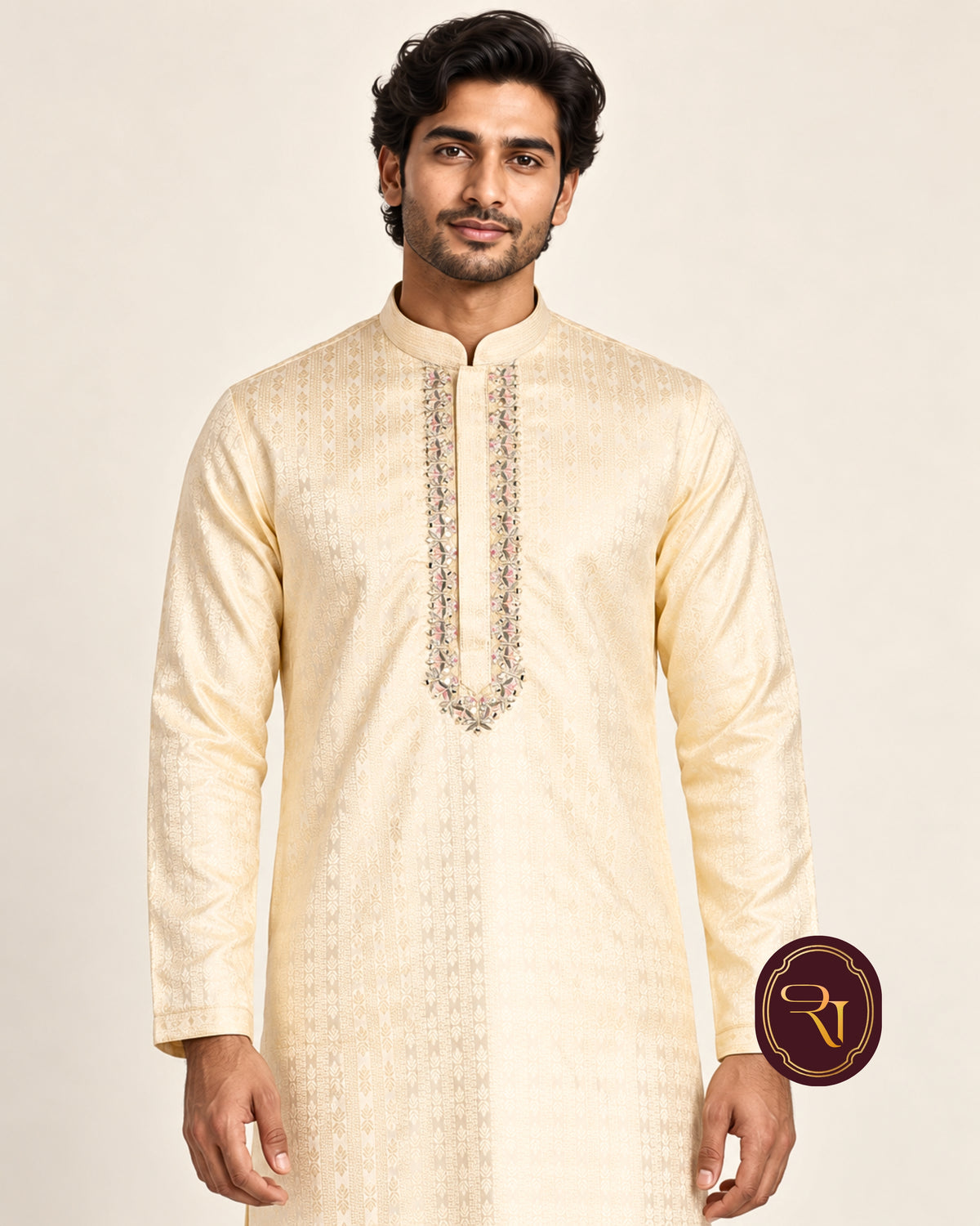 Shahanai Men's Silk Kurta with Machine and Hand Work