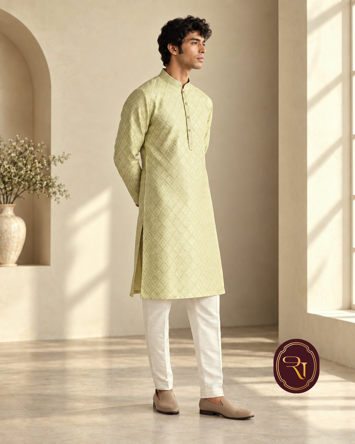 Shahanai Men's Pure Banarasi Self-Textured Kurta