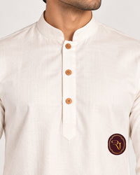 Men's white cotton kurta neckline with mandarin collar and brown button placket