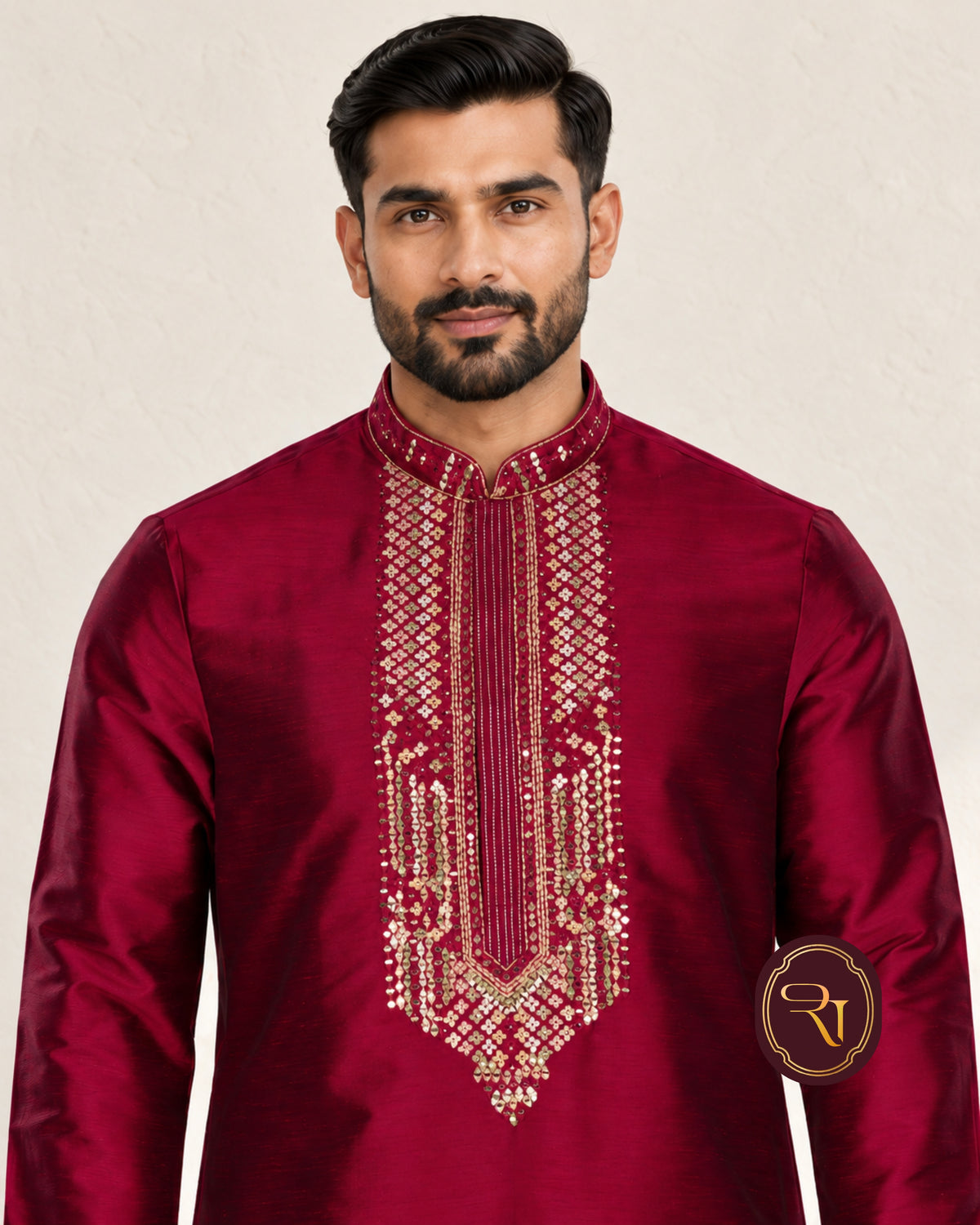 Shahanai Men's Silk Kurta with Machine and Hand Work