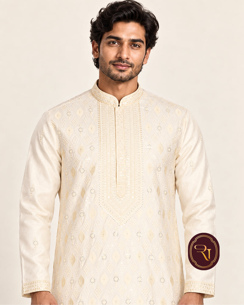 Shahanai Men's Silk Kurta with Allover Heavy Work
