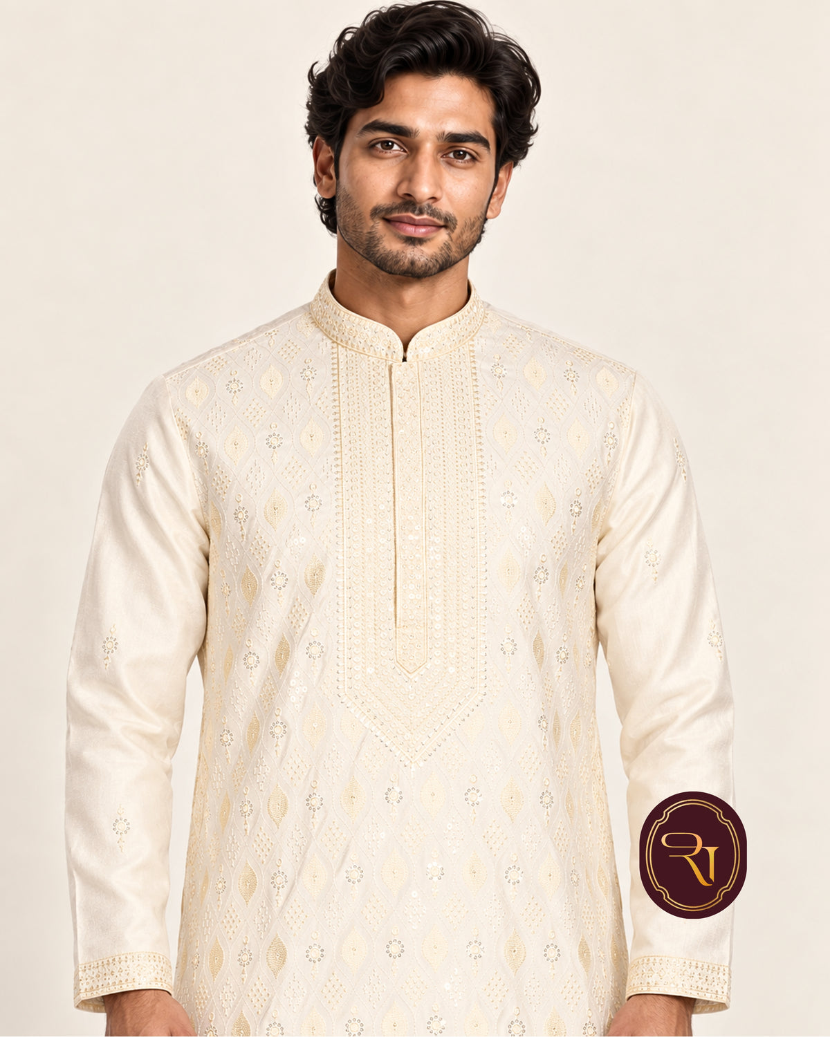 Shahanai Men's Silk Kurta with Allover Heavy Work