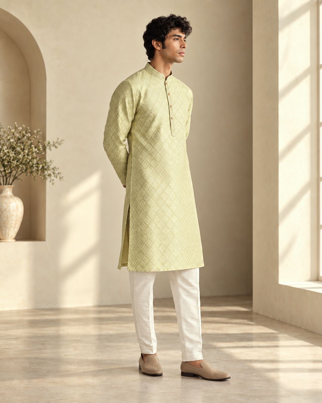 Shahanai Men's Pure Banarasi Self-Textured Kurta