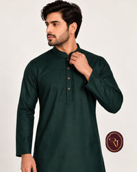 Close-up of men's dark green cotton kurta neckline and button placket