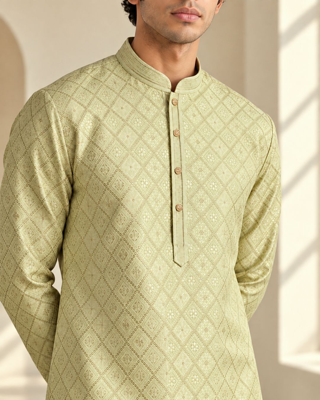 Shahanai Men's Pure Banarasi Self-Textured Kurta