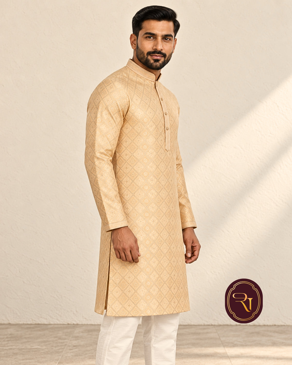 Shahanai Men's Pure Banarasi Self-Textured Kurta
