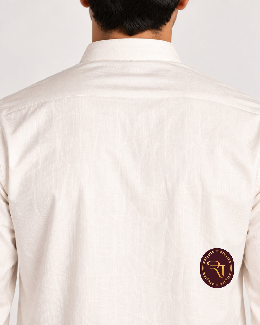 Men's white cotton kurta back view with long sleeves and side slit hem